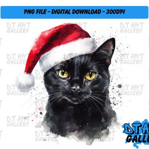 Süße schwarze Katze Santa Hat Weihnachten Themed Clipart - Digital Download - Hochwertige PNG-Datei - Perfekt für T-Shirts, Aufkleber, Tassen und mehr