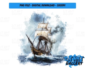 Pirate Ship Boat Watercolour Style Clipart - Digital Download - High Quality PNG File - Perfect for T-shirts, Stickers, Mugs & More