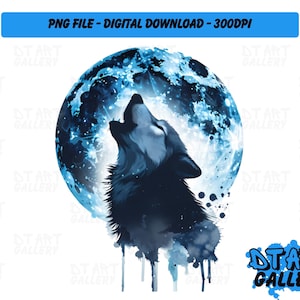 Howling Wolf and Moon Watercolour Themed Clipart - Digital Download - High Quality PNG File - Perfect for T-shirts, Stickers, Mugs & More