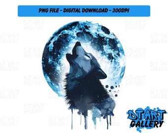 Howling Wolf and Moon Watercolour Themed Clipart - Digital Download - High Quality PNG File - Perfect for T-shirts, Stickers, Mugs & More