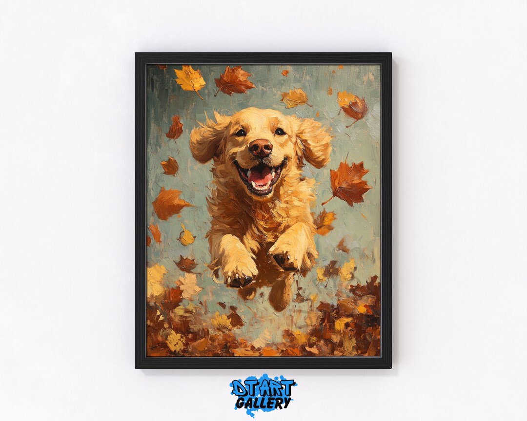 Rustic Fall Dog Painting - Golden Retriever Bounding Through Leaves ...