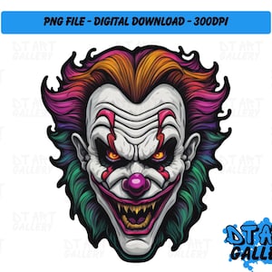 Cabeza de payaso malvado de terror con temática de Halloween - Clipart - Descarga digital - Archivo PNG de alta calidad - Perfecto para camisetas, calcomanías, tazas y más
