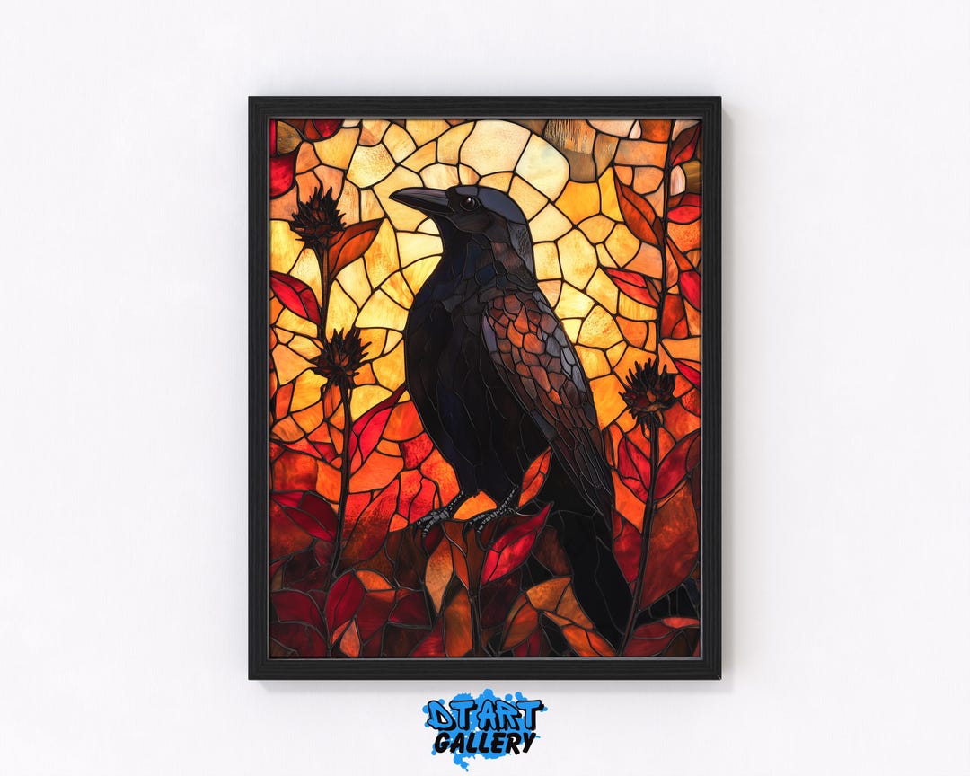 Stained Glass Crow Art Print - Autumn Colors, Printable Bird Decor ...