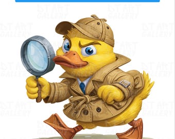 Pato detective de dibujos animados con gabardina - Clipart humorístico de detective, linda ilustración con lupa, descarga digital PNG 32