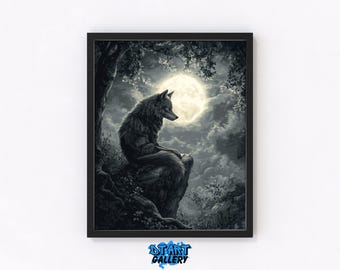 Gothic Wolf in Moonlit Forest - Moody Printable Wall Art, Atmospheric Nature Scene, Dark Misty Trees, Eerie Forest Decor, Digital Art 218