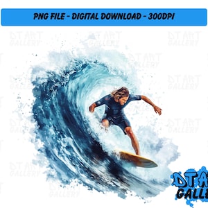 Surfista Surfando Esporte Aquarela Estilo Clipart - Download Digital - Arquivo PNG de Alta Qualidade - Perfeito para Camisetas, Adesivos, Canecas e Mais