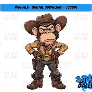 Funny Monkey Western Cowboy Cartoon Clipart - Digital Download - High Quality PNG File - Perfect for T-shirts, Stickers, Mugs & More