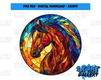 Schönes Pferd Tier Runde Glasmalerei Clipart - Digital Download - Hochwertige PNG-Datei - Perfekt für T-shirts, Aufkleber, Tassen und mehr