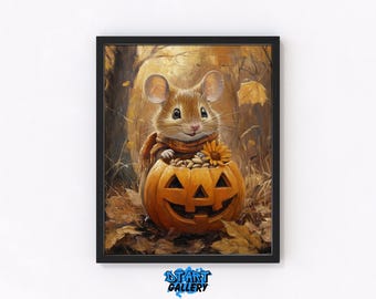 Souris curieuse avec citrouille - Jolie peinture à l'huile d'automne, art numérique animalier d'automne, décoration murale imprimable, Cottagecore lunatique 148