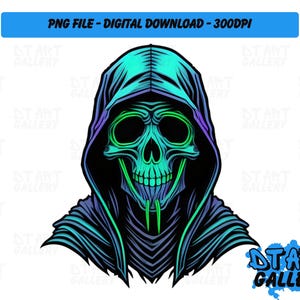 Tête de faucheuse néon Halloween sur le thème des cliparts - téléchargement numérique - fichier PNG de haute qualité - parfait pour les T-shirts, autocollants, tasses et plus
