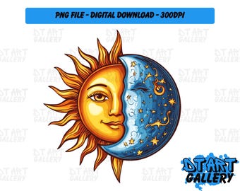 Celestial Sun and Moon Space Themed Clipart - Digital Download - Hochwertige PNG-Datei - Perfekt für T-Shirts, Aufkleber, Tassen und mehr