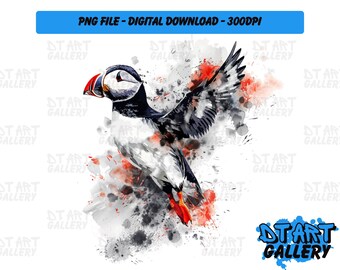 Pájaro frailecillo volador en estilo acuarela - Clipart - Descarga digital - Archivo PNG de alta calidad - Perfecto para camisetas, calcomanías, tazas y más