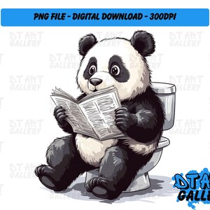 Grappige panda op toilet met clipart thema krant - digitale download - png-bestand van hoge kwaliteit - perfect voor T-shirts, stickers, mokken en meer