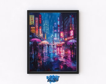Calle de Tokio iluminada con neón al atardecer: vibrante paisaje urbano, arte de la vida nocturna, decoración de pared imprimible, pintura digital, póster moderno de la ciudad (80)