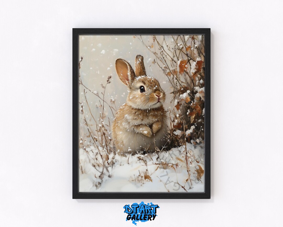 Painted Winter Rabbit Winter Bunny in Snowy Meadow Painting - Rustic Winter Wildlife Art ...