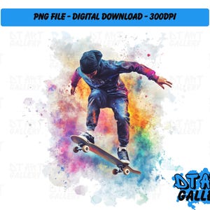 Skater Skateboard Style aquarelle Clipart - téléchargement numérique - fichier PNG de haute qualité - parfait pour les T-shirts, autocollants, tasses et plus