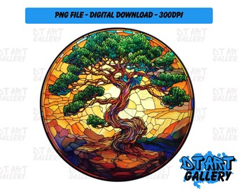 Japanese Bonsai Tree Round Stained Glass Clipart - Digital Download - High Quality PNG File - Perfect for T-shirts, Stickers, Mugs & More
