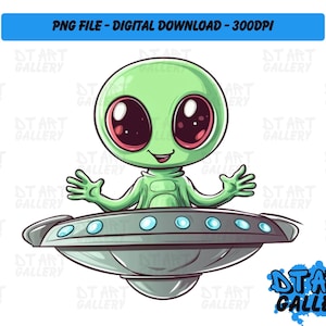 Cute Green Alien UFO Sci-Fi Themed Clipart - Digital Download - High Quality PNG File - Perfect for T-shirts, Stickers, Mugs & More