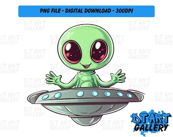 Cute Green Alien UFO Sci-Fi Themed Clipart - Digital Download - High Quality PNG File - Perfect for T-shirts, Stickers, Mugs & More