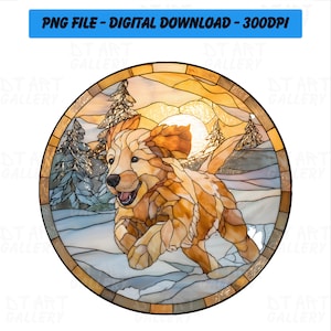 Könnte beinhalten: Ein kreisförmiges Buntglasdesign mit einem Golden Retriever, der durch eine verschneite Landschaft mit Kiefern und einer untergehenden Sonne rennt. Das Bild hat einen braunen Rand und den Text "PNG FILE - DIGITAL DOWNLOAD - 300DPI" oben.