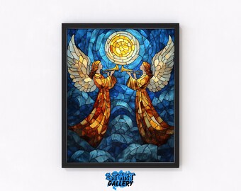 Vintage Stained Glass Angels with Trumpets Art - Heavenly Trumpet Players, Divine Blue Background, Digital Download Retro Wall Decor 261
