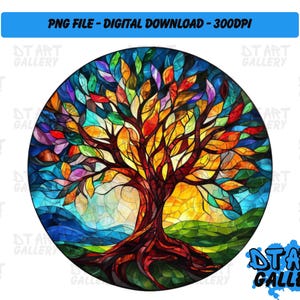 Prachtige levensboom ronde gebrandschilderd glas clipart-digitale download-hoge kwaliteit png-bestand-perfect voor T-shirts, stickers, mokken en meer