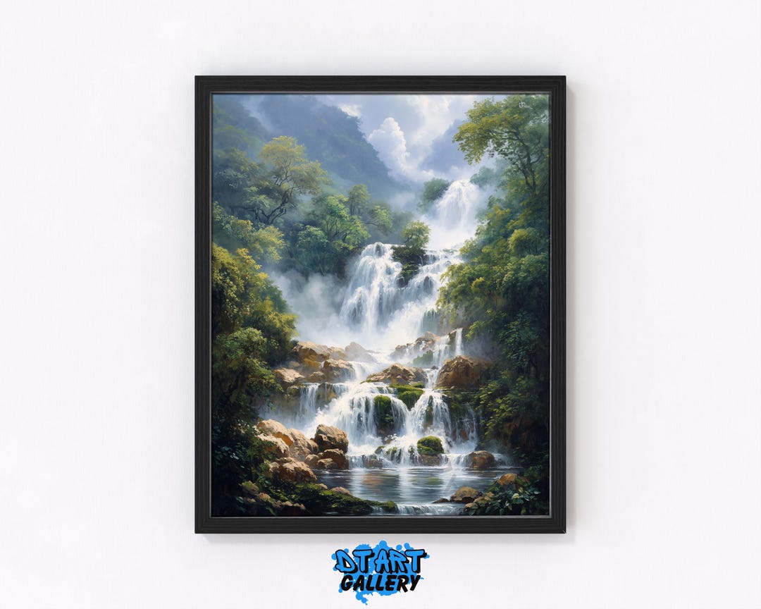 Majestic Waterfall in Lush Jungle - Printable Tropical Landscape Art ...