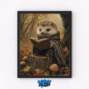 May include: A framed art print depicts a hedgehog reading a book while sitting on a tree stump in a forest. The hedgehog is wrapped in a dark cloak. The artwork features warm autumn colors, with mushrooms and fallen leaves scattered around the stump.