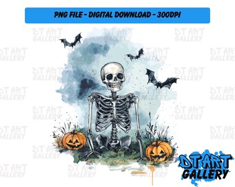 Cute Skeleton Halloween Watercolour Style Clipart - Digital Download - High Quality PNG File - Perfect for T-shirts, Stickers, Mugs & More