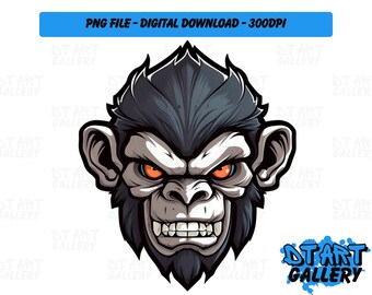 Angry Monkey Head Animal Themed Clipart - Digital Download - High Quality PNG File - Perfect for T-shirts, Stickers, Mugs & More