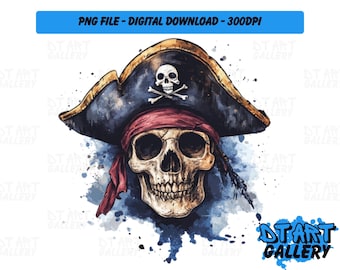 Gothic Pirate Skull Watercolour Style Clipart - Digital Download - High Quality PNG File - Perfect for T-shirts, Stickers, Mugs & More