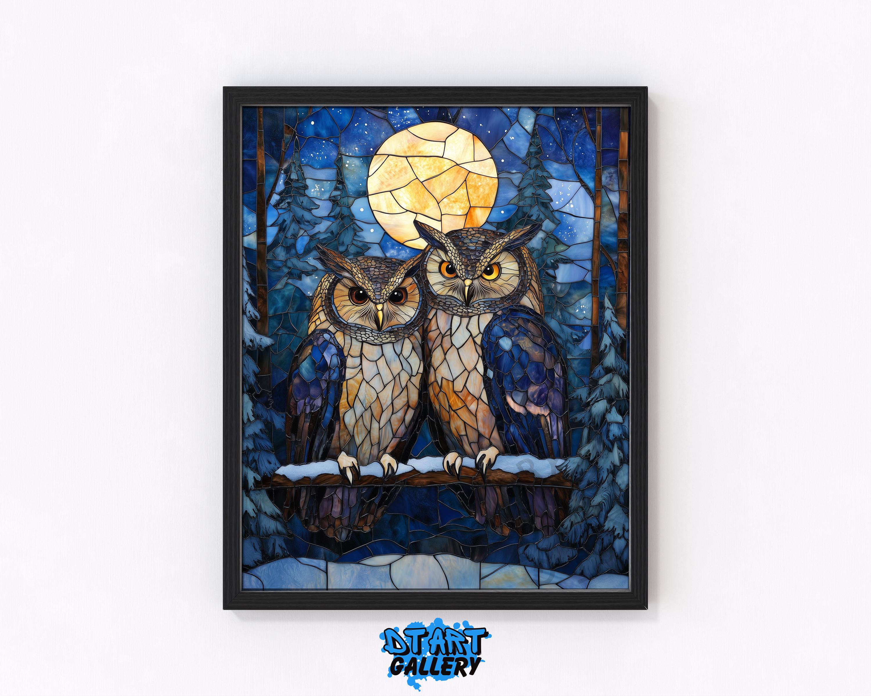 Cozy Winter Owls Stained Glass Effect - Printable Art with Snowy Trees and Moon, Rustic Woodland Dec