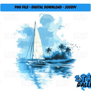 Blau Segelboot Aquarell Stil Clipart - Digital Download - Hochwertige PNG Datei - Perfekt für T-shirts, Aufkleber, Tassen & mehr