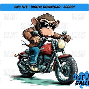Funny Monkey Biker Motorbike Cartoon Clipart - Digital Download - High Quality PNG File - Perfect for T-shirts, Stickers, Mugs & More