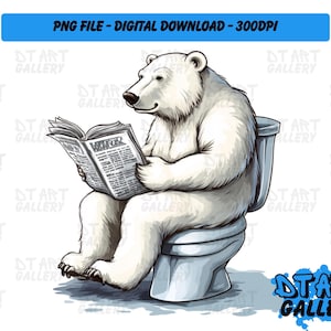 Divertente orso polare sul water con giornale Clipart - Download digitale - File PNG di alta qualità - Perfetto per magliette, adesivi, tazze e altro