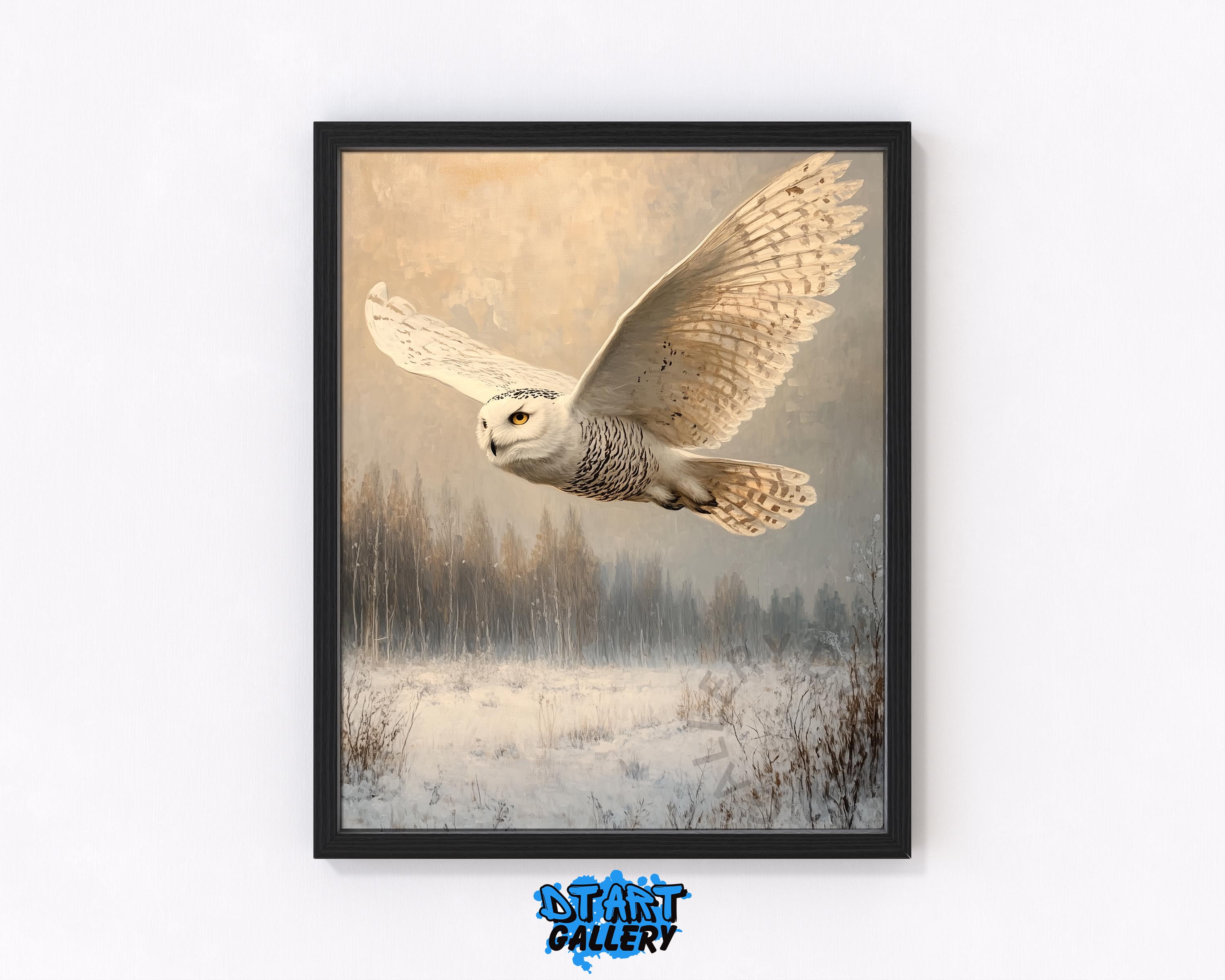 Snowy Owl in Flight Over Winter Forest - Majestic Wildlife Art, Rustic Winter Decor, Printable Vinta