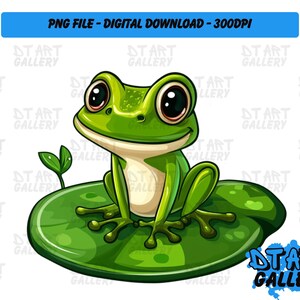 Cute Frog On Lilypad Cartoon Themed Clipart - Digital Download - High Quality PNG File - Perfect for T-shirts, Stickers, Mugs & More