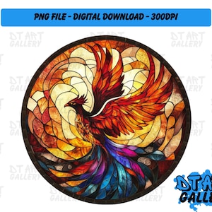 Magnifique oiseau phénix rond vitrail Clipart - téléchargement numérique - fichier PNG de haute qualité - parfait pour les T-shirts, autocollants, tasses et plus