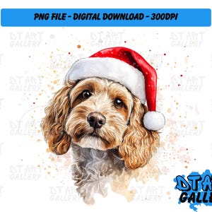 May include: A watercolor painting of a brown and white dog wearing a red Santa hat. The dog is looking at the viewer with a sweet expression. The background is a white watercolor wash with gold and red splatters.