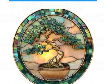 Japanese Bonsai Tree Stained Glass Style Clipart, Suncatcher Art, PNG Digital Download 256