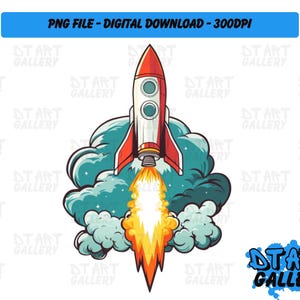Space Rocket Taking Off Cartoon Themed Clipart - Digital Download - High Quality PNG File - Perfect for T-shirts, Stickers, Mugs & More