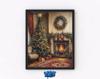 Vintage Christmas Living Room Wall Art - Festive Tree, Cozy Fireplace, Victorian Holiday Scene, Printable Winter Decor, Digital Print 33