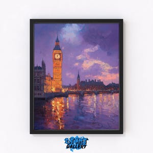 Op de afbeelding: Een ingelijste kunstdruk van de Big Ben en het Houses of Parliament in de schemering. Het kunstwerk heeft een levendig kleurenpalet van paars, oranje en blauw, dat weerspiegelt in het water. De klokkentoren is verlicht en het kunstwerk is gesigneerd "DT ART GALLERY".