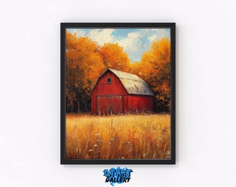 Rustic Red Barn in Autumn Field - Vintage Fall Landscape Art, Printable Country Scene, Cottagecore Decor, Oil Painting Digital Wall Art 159