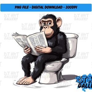 Mono divertido en el inodoro con periódico - Clipart - Descarga digital - Archivo PNG de alta calidad - Perfecto para camisetas, calcomanías, tazas y más