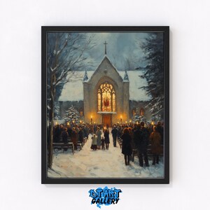 May include: A framed art print showing a church in winter. The painting depicts a snow-covered church with a cross, lit windows, and people gathered outside. The artwork has a vintage, painterly style, evoking a sense of nostalgia.