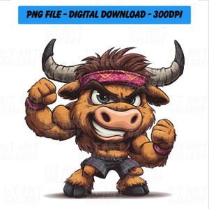 May include: A digital illustration of a strong bull character with a determined expression. The bull has brown fur, a red patterned headband, and is wearing plaid shorts. The image includes the text "PNG FILE - DIGITAL DOWNLOAD - 300DPI" in a blue banner.