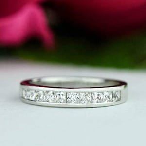 Half Eternity Moissanite Engagement Band In 14K White Gold/ Channel Set Wedding Band/ Princess Cut Colorless Moissanite Engagement Band