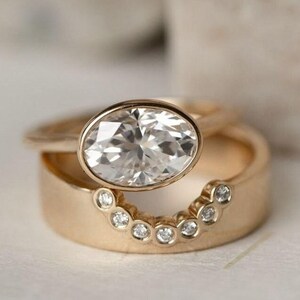 East To West Oval Cut Moissanite Ring Set, Solitaire Engagement Ring, Seven Stone Curved Wide Wedding Band, Bezel Ring Set, 14K Yellow Gold