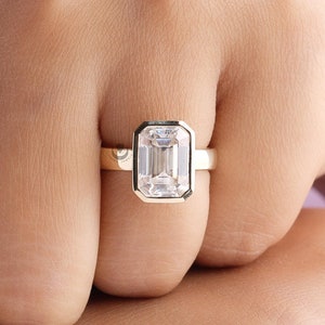 3.00 CT Emerald Cut Colorless Moissanite Engagement Ring/ Bezel Set Wedding Ring/ Solitaire Emerald Cut Ring/ 14K Solid Yellow Gold Ring